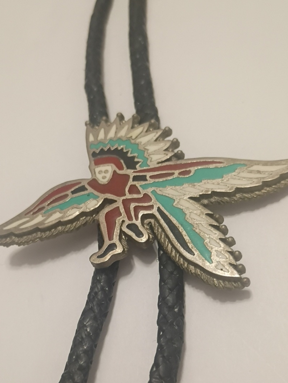 Vintage Zuni Turquoise Inlay Mosiac Kachina  Dancer Pendant Bolo Tie Necklace